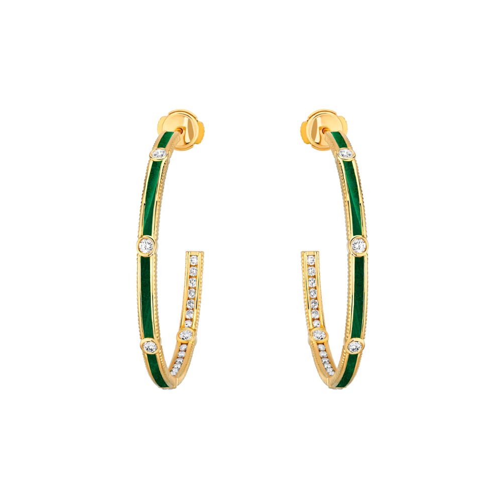 Viltier 18kt Yellow Gold, Malachite and Diamond Rayon Hoops